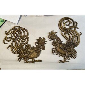 Vintage VERMAY Mid Century Fighting Roosters 2 Metal Wall Plaques USA Gamecocks
